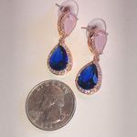 Elegant Rose Gold Tone Blue and Opaque Pink Teardrop Rhinestone Earrings Photo 2