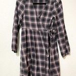 American Eagle Grey Pink Plaid Long Sleeve Wrap Dress Womens S Fall Flannel Mini Photo 0