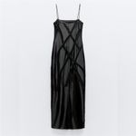 ZARA NWT black satin & mesh floral appliqué slip maxi dress with spaghetti strap Photo 11