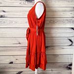 Calvin Klein Rust Orange-Red V Neck Sleeveless Ruffle Flare Dress Photo 5
