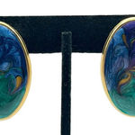 Vintage Mixed Ocean Swirl Shimmer Earrings Gold Tone‎ Statement Posts Oversized Blue Photo 0
