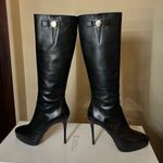 Versace Black Leather Knee High Heeled Boots with Gold Hardware Photo 2