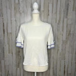 Polagram ‎ Women's White Bell Sleeve Blouse Blue Stripe Trim Size Small Photo 1