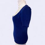 Japanese LISSEO Short Sleeve Knit Top Shirt With Mock Collar Blue&White Blue Photo 2