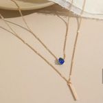 Double Layer Long Bar Zircon Blue Water Drop Pendant Necklace Women Jewelry Gold Photo 1