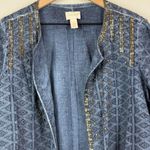Chico's Jacket Womens 2 US L Blue Broderie Embellished 3/4 Sleeve Open Front Art Photo 1