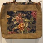 MULTICOLOR FLORAL TAPESTRY JUTE TOTE BAG FLORAL DESIGN CLOTH HANDLES/INTERIOR Tan Photo 0