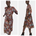 ZARA  Brown 70s Vintage Floral Satin Tie Neck Aline Long Sleeve Midi Dress Small Photo 14