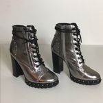 ALDO  Silver Metallic Lace Up Military Leather Ankle Boots Isidro Sz 6/36 EU EUC Photo 3