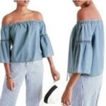 Madewell  Womens Off-The-Shoulder Chambray Denim Crop Top Bell Sleeves Size S Photo 11