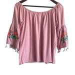 Umgee Women Top L Pink 3/4 Flower Embroidery Tassel Bell Sleeve Boho Tropical Photo 2