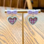 Pink Heart Plaid Gingham Earrings With Bow & Pearl Accents Dangle Drop New Photo 2