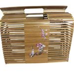 Vintage Bamboo Folding Packable Hand painted Cherry Blossom Floral Flower Purse Brown Photo 5