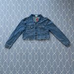 Sunset + Spring Crop Denim Jean Jacket Embroidered Flowers On Back - Size Medium Photo 1