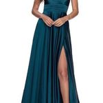 La Femme  28571 Deep V Faux Wrap Neck Lace-Up Back Satin Dress Photo 0