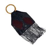 Vintage Retro Womens Sequin Beaded Bamboo Handle Fringe Handbag Black Maroon OS Photo 3