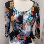 Alberto Makali Vintage Crinkle Zip Up Black & White Zebra Floral Sequin Blouse Photo 1