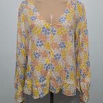 Lucky Brand  Yellow Floral Blouse Size Large V-Neck Long Sleeve Ruffle Hem Top Photo 1