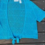 Vintage Y2K Blue Alfred Dunner Crochet Short Sleeve Tie Up Cover Up Cardigan Size L Photo 1