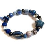 Blue Star Bracelet Tan Speckled Ceramic Beads Tassels Stretchy Photo 1