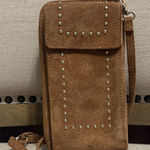 None Brown Suede Studded Wallet with Shoulder Strap Photo 0