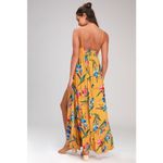 Lulus NWT  Laela Mustard Yellow Floral Print Crochet Swim Cover-Up Beachy Size M Photo 1