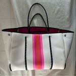 Haute Shore White Tote Bag with Pink and Orange Stripes Photo 0