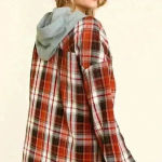 Rust and Charcoal‎ Grey Plaid Button Down Hoodie Top Orange Photo 3