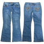 Rare Y2K NOBO Low Rise Flare Jeans Size 11 / 30” Bling Pocket Colorful Stitching Blue Photo 1