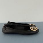 Tory Burch  Minnie Black Leather Gold Logo Elastic Heel Ballet Flats Photo 2
