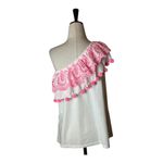 Lilly Pulitzer  Shirt Women Small White Pink Idara‎ One Shoulder Eyelet Pom Pom Photo 3