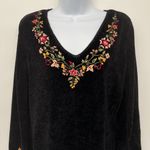 Vintage Velvet Floral Embroidered Sweater V Neck Top Blouse Long Sleeve 90s Blac Black Size M Photo 2