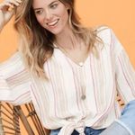 Tribal Fuchsia White Embroidered Vertical Stripe Tie Waist Blouse Size Large Photo 0