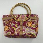 Ralph Lauren Vachetta Leather Paisley Canvas Purse Handbag Round Bamboo Handle Pink Photo 7
