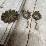 Vintage Pink Flower Drop Earrings with Rhinestones + Matching Floral Pin Set Photo 5
