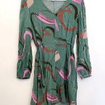 Nine West Knot Back Long Sleeve Dress Green Geometric Swirl Tie Bow Short Mini L Photo 1