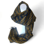 Fendi  Navy Blue Tan Wool Silk Scarf with Decorative Tassels Photo 8