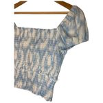 Lush Clothing New Lush Womens Size Medium Cropped Top Smocked Cap Puff Sleeve White Blue Swirl Photo 3