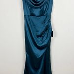 Lulus Stunning Arrival Dark Teal Satin Off The Shoulder Maxi Dress Formal S NWT Blue Photo 4