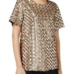 Bar III Gold Sequined embellished textured Diamond pattern lace trimmed top XS Photo 0