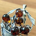 Vintage Sterling Silver Amber Miniature Fruit Basket Pin Brooch Pendant Brown Photo 7
