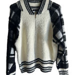 77 Sisters Tartan Plaid Black & Cream Fuzzy Bomber Sweater Jacket Zip Up Small White Photo 0