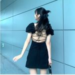 ZARA Puff Sleeve Black Mini Dress Open Back Lace Up Crossback Straps Small NEW Photo 2