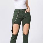 Olive Green Ripped Chain Denim Jeans Pants Photo 0