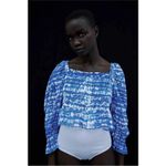 ZARA  Blue &‎ White Tie Dye Print Shirred Smocked Long Sleeve Crop Top Sz S Photo 5