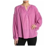 Free People  Maddison Eyelet Blouse Orchid L Button Front Long Sleeve Oversized Photo 16