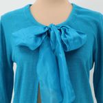 DKNY Silk Bow Cardigan Sweater Womens Coquette Twee Preppy Office Turquoise P/S Photo 2