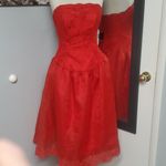 DAZZLING RED FIT N FLARE GOWN STRAPLESS LACE OVERLAY FULL ZIP BACK EMBROIDERED Size 10 Photo 3