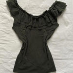 Y2K Petite Pois dark green stretch mesh off the shoulder top ruffles boho fairy Size M Photo 0