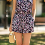 Divided Sleeveless Floral Black Multicolor Romper Size 8 Pockets Elastic-Waist Jumpsuit Photo 0